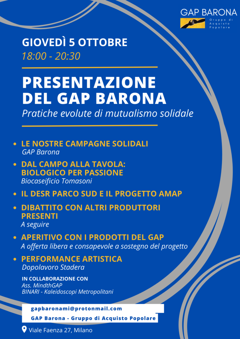 Presentazione del GAP Barona – Gruppo di Acquisto Popolare – 5 ottobre 2023